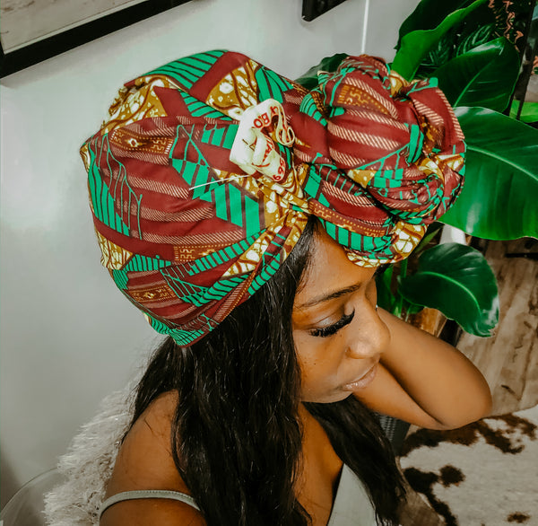 African print head wrap green maroon